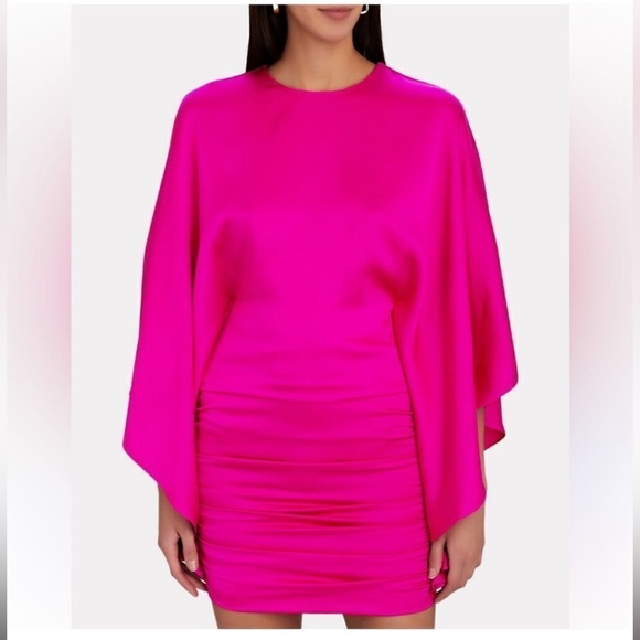 NWT JONATHAN SIMKHAI Kadence Bell-Sleeve Satin Mini Dress Size 8 Bougainvillea - Picture 2 of 9